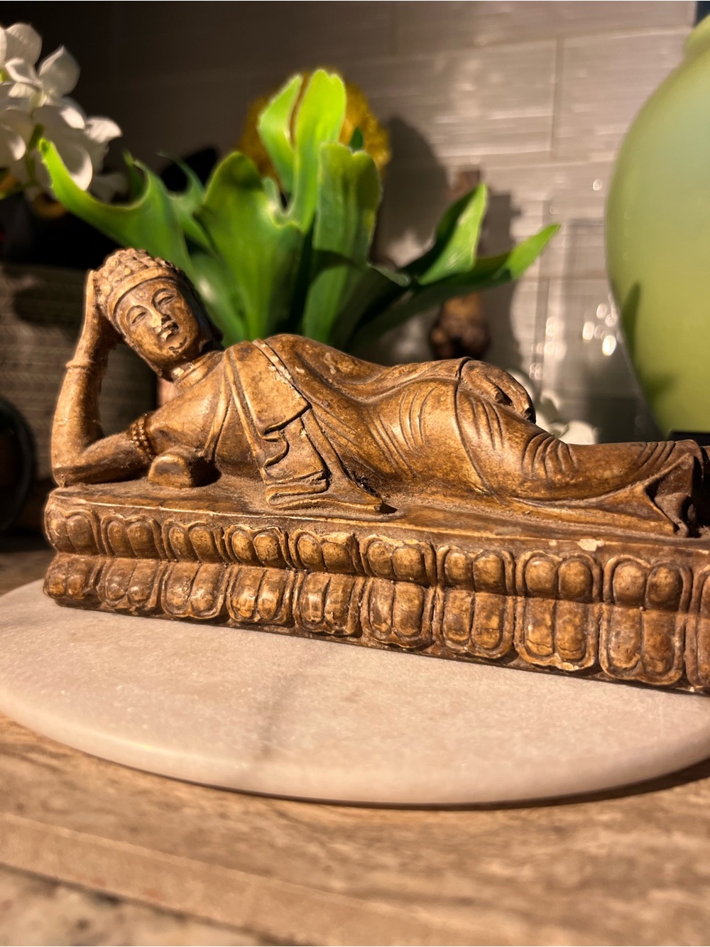 Stone Carved Reclining “Shakyamuni” Buddha Accent Statuette